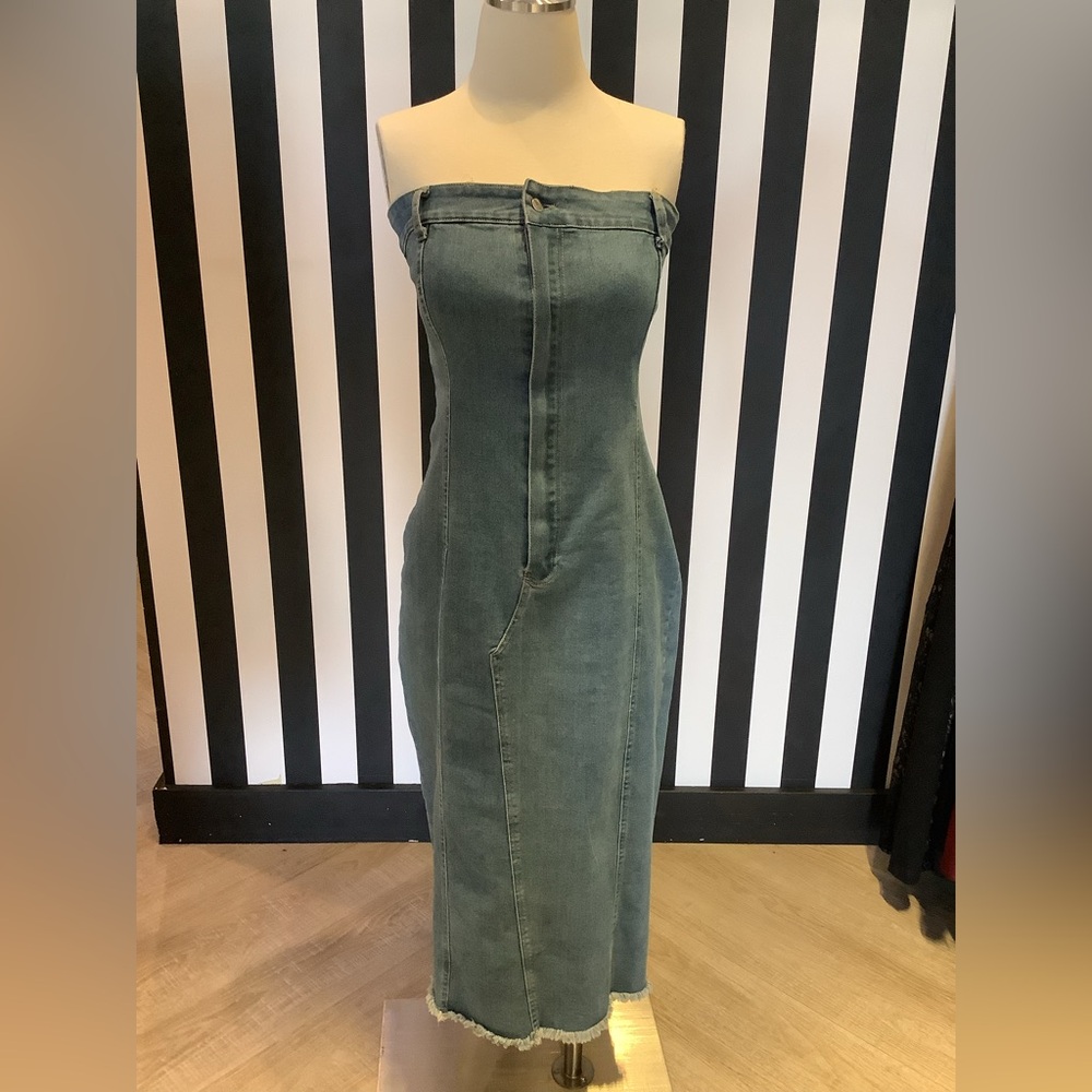 Strapless Denim Midi Dress